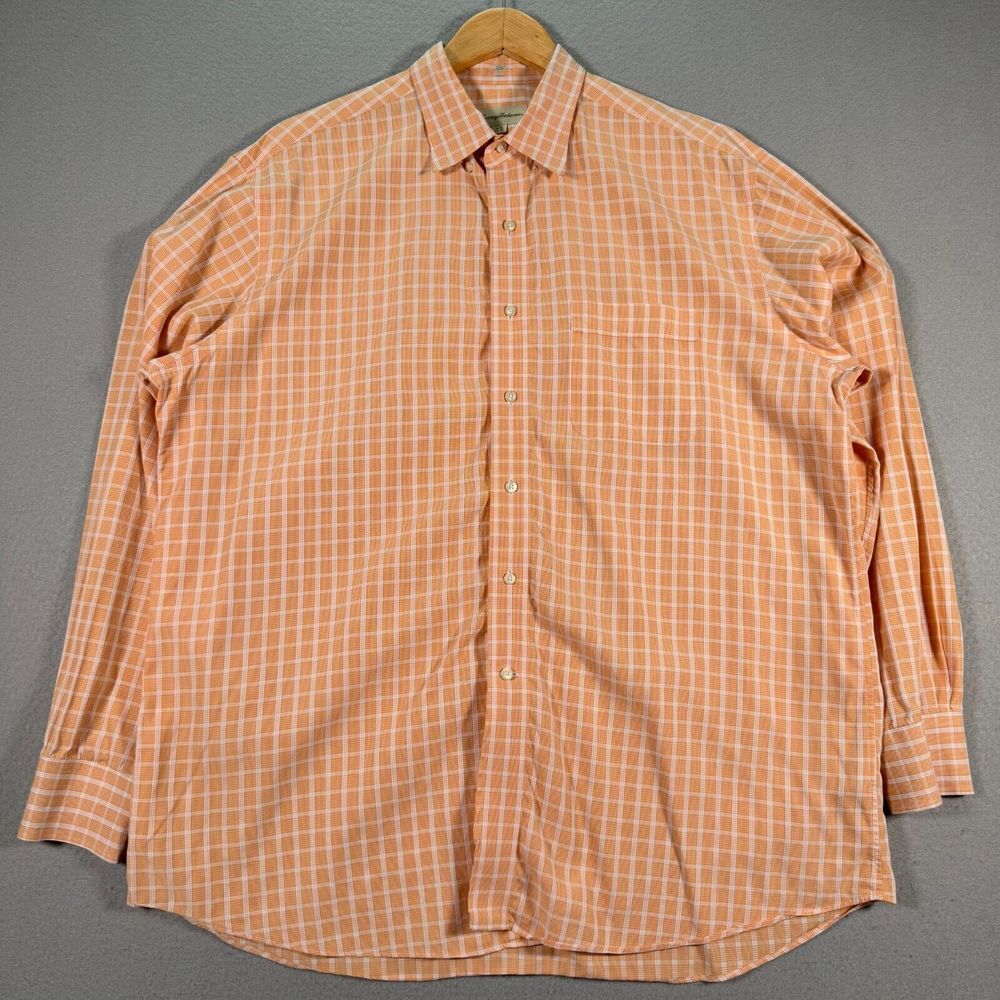 Tommy Bahama Mens 16.5 34-35 Orange Plaid Button‎ Up Shirt Long Sleeve Cotton